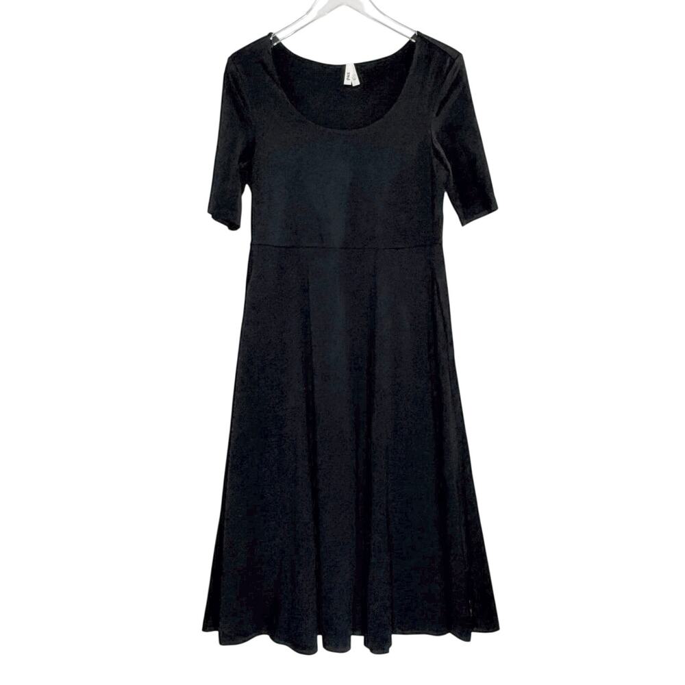 PACT Fit and Flare Scoop Midi Dress L Black Short Sleeve Organic Cotton Comfort